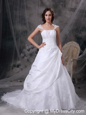 Square Train Satin and Organza Embriodery Decorated Wedding Dress